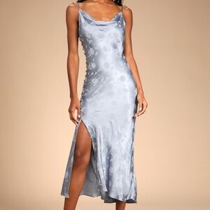 Lulus All About You Slate Blue Floral Jacquard Satin Midi Dress - Size M